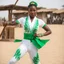 Placeholder: A surprised Niger sublime dancer woman, 24-years-old wearing a white and green one-piece swimsuit , she executes the crane movement of karate kid
