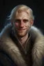 Placeholder: a man in his thirties, trimmed blond hair, round face, pale blue eyes, sinister smile, dressed in a fur robe, realistic epic fantasy style