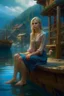 Placeholder: open shirt portrait of alluring fantasy (curve american woman-ex cam mode sitting on the river dockl))) (wearing simple short dress) in photorealistic quality in magical environment, (blonde features) ; highly stylized face and tail portrait fantastically intricate detailed extremely complex art masterpiece by Thomas Kinkade by Ismail Inceoglu trending on Instagram HARDWARE Photographic Art Direction WLOP 5 realistic body centered, beautiful face