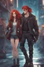 Placeholder: Science fiction, cyberpunk, city street, couple girl and guy, together, love at first sight, forbidden love, pirates, handsome guy, cute red haired girl