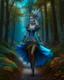 Placeholder: Pintura steampunk de una Reyna elfo caminando en el bosque, coloreada, maximalista, calidad ultra, hiperdetallada, 12k