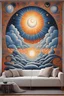 Placeholder: human meditating tufting tapestry, sun and moon background, aboriginal psychedelic art, and the parallel dimensions, painted by rene Magritte, , stars and clouds , dream dimension