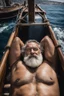 Placeholder: close aerial photography of a burly beefy muscular turkish fisherman happy sunbathing lying down on the large bow of a huge fischer wooden boat in open sea, manly armpits, manly chest, hairy chest, ugly, 56 years old, curly beard, bullneck, short bulging ripped pants, muscular, emotive eyes, photorealistic, 35mm lens, Canon EOS, 8k , view from the ground