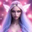 Placeholder: beautiful, soft, big smile face, whole head, long straight blonde hair blues eyes, crown on the head, clothing in transparent bluish and pink veil,fairy wings on the back, background brillante bluish and pink, hight definition, 8K