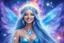 Placeholder: A beauty Fairy women with long blue straight hair. She has Crystal wings and sweety elegant smile.She Is a magic sacred dancer in cosmica ceremony..the background Is a magic coloured bright galaxy, with a stars. She Is so fine gentle and with grace