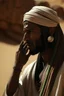 Placeholder: A picture of a Muslim man, dark-skinned, calling the Islamic call to prayer in the desert