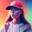 Placeholder: a girl wearing a baseball cap holding a small boombox in her hand, full shot. paint splashes, outrun, vaporware, shaded flat illustration, digital art, trending on artstation, highly detailed, fine detail, intricate