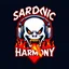 Placeholder: A logo for a rock band inspired by the styles of Ed "Big Daddy" Roth. The text "SARDONIC HARMONY" is written in a futuristic, robotic font. Below the text, there is a sinister, evil marshmallow head with headphones. The marshmallow head is breathing red flames. The background is dark.