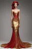 Placeholder: Stunning utopian mermaid gown with red and gold. Hyper realistic standing model