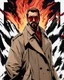 Placeholder: a young man with big muscles who looks like hans gruber wearing a trench coat and red sunglasses staring with an irritated look on his face standing in front of a fire