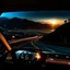 Placeholder: night time, a car dashboard lighting up, a dark mountain road in the windscreen, with a beautiful city in the distance, rising sun, photo quality