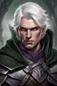 Placeholder: a male warrior. white short hair. purple eyes. tall and strong. dressed in chainmail. gray clothes. dark-green cloak.