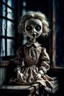 Placeholder: looking at the camera a high realistic porcelain puppet doll, old, dirty with old dress, sitting on shelf, in background blur cracked window. The figure has cracked face and head, and piercing big black eyes. High contrast, cinematic, thriller, dark, atmospheric. Surreal style , perfect composition, sharp focus, intricate details, crepy stunning horror vibe