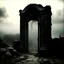 Placeholder: Photograph of a distant dirty stone door, several white tentacles surround the area, white fog, black background, black abyss