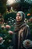 Placeholder: half body wide angle RAW photo, beautiful woman in hijab wearing luxurious and ornate clothing, fully covered, opals and floral decorations, flower garden view in the background, beautiful Indonesian woman's face, high detail skin, flowers, hijab, 8k uhd, DSLR, soft lighting, high quality, film grain