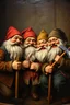 Placeholder: pin hole cam, master oil painting by Rembrandt, family portrait of smiling dwarves in fine clothes and with pickaxes laughing