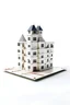 Placeholder: 3-D picture of a 'house of cards' with a white background viewed from distance