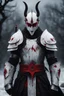 Placeholder: The character, depicted in a striking white armour against a dark wintry backdrop stands with his hands behind his back inside the scene, he has a red and black circular symbol on his chest like a shield, a black pointed spear with a red handle on his back, His eyes are showing a dynamic yet menacing expression and he wears a black oni mask with white teeth covering the bottom part of his mouth he has brown shoulder pads and a white karate belt with a bag attached to it. He has dark brown hair.