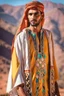 Placeholder: Super model arabian handsome man, detailed, hyper realistic, wearing Arabian a vibrant Amazigh dress adorned with geometric patterns,in the sun, standing proudly in the Atlas Mountains.