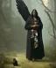 Placeholder: native american shaman, wise man, long black hair, black hooded coat like wings, 8k resolution concept art portrait by Greg Rutkowski