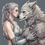 Placeholder: the anthropomorphic strong gray hairy body wolfman name Teo, holds between his paws the anthropomorphic pale hairy body wolfwoman's face , they look at each other, blur background, high detalied, high realistic, sci-fi and fantasy mood