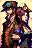 Placeholder: anime couple, steampunk , colorful, man with beard and woman with dark hair