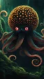 Placeholder: a small, fluffy creature with a round, plump body and long, wavy tentacles, It has bright, glowing eyes that pulse to the beat of the music