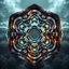 Placeholder: Dynamic hypnotic fractal 3D structures hexogonal Symmetry twisting and morphing between organic and geometric forms , smooth translucent iridescent glass with inner glow and regular bubbles, varied transparent materials, stormy skies, intense dramatic