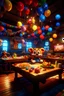 Placeholder: 2D Animation, personality: [Illustrate Fazbear's Pizza filled with children, laughter, and music. The scene should showcase the bustling atmosphere with vibrant balloons, multicolored fairy lights, and a festive vibe in the air.] unreal engine, hyper real --q 2 --v 5.2 --ar 16:9