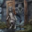 Placeholder: fantasy digital art of kicked out of the house out the door with his foot an tall angry anthro wolf man in dark gray body hairy kicks she out the door , a very sad little anthro wolf she have wolf face gray hairy wolf body and wears just a short canvas rag around her waist , she have sadly face , rain , behind she , behind in rustic halb open door in an massive wooden house, rainy day, detailed, fantasy mood