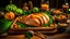 Placeholder: Delicious roasted turkey with green beans and sweet potatoes on a rustic wooden board, food art, food photography, generative AI