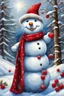 Placeholder: a painting of a snowman wearing a red hat and scarf, with red berries and icicles, snow landscape background, snowy, by Pamela Ascherson, by Jane Carpanini, by Terry Redlin, by Nancy Carline, by Sally Haley, traditional folk art style, festive, snowy background, snow scene, with snow covered colourful red, he is greeting you warmly