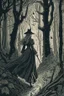 Placeholder: in the style of a Henry Justice Ford drawing, a beautiful witch walks through a forest