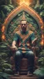 Placeholder: mandala style framed playing card illustration, close up portrait of a man with feets for hands posing for photo shoot on a throne, holding a burning sceptre, in a space alien mega structure with stairs and bridges woven into a sacred geometry knitted tapestry in the middle of lush magic jungle, bokeh like f/0.8, tilt-shift lens 8k, high detail, smooth render, down-light, unreal engine, prize winning