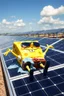 Placeholder: Spongebob lying on a solar panel, sunbathing, sunglasses on, towel on his legs, solar farm in the background