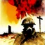 Placeholder: by Dave McKean, "No Man's Land The countless white crosses stand mute in the sand, To man's blind indifference to his fellow man" moody World War I memorial composition. Watercolor and ink painting, dynamic composition, double exposure solder with antique WW I gas mask with fiery text "1914" on helmet, dramatic red sky, dramatic, dynamic composition