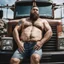 Placeholder: photography of a burly truck beefy driver at rest in truck, inside cab, shirtless, with short shorts, sweaty, massive with tattoos and short beard, Romanian, muscular, male chest, big tights, frontal view, seen from below