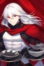 Placeholder: Vampire knight, muscular young man with long white hair, wearing black gothic full plate armor with red cape, cyan eyes