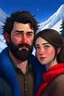Placeholder: Mountain Christmas scene, dark haired couple, man with short black beard, blue eyes