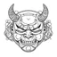 Placeholder: White, minimalis line art , oni mask japanes funny fat, vector, white background, outline, with images neatly contained within the background, just black and white color,