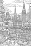 Placeholder: various architectural landmarks and cityscapes, coloring book page, simple and clean line art, adult drawing book, low details, black and white, crisp black lines, no shades, sharp lines, coloring book for adults, cartoon style, landscape