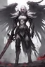 Placeholder: evil angel, pale white skin, black lips, black eye shadow, Glowing purple eyes, White hair, full body, black plate armor, engraved, large white wings, bloodstained, floating in a blasted battlefield, engraved rusted black greatsword in one hand, laughing, relaxed pose, corrupted, futuristic, numerous bloody wounds on face and wings