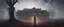 Placeholder: Hyper Realistic Haunted Dark Indian palace & back of Indian bride standing between a Field with dry old tree at heavy foggy night