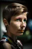 Placeholder: She is in a garage in the garden, and has a lean, athletic build, a testament to her years of cycling. Her short-cropped hair, worn for aerodynamics during races, gives her a distinctive and androgynous look. upper body portrait, photo-realistic, shot on Hasselblad h6d-400c, zeiss prime lens, bokeh like f/0.8, tilt-shift lens 8k, high detail, smooth render, down-light, unreal engine 5, cinema 4d, HDR, shot in luxury kitchen