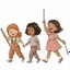 Placeholder: children joyfully walking. Left most child is carrying a parade leader's staff wrapped in ribbon. Right most child is holding batons. improve quality but maintain style.