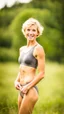 Placeholder: anorexic beautiful woman, age 21, total shot, short anthracite triathlon swimsuit, wavy bob haircut, blonde hair, blurred grass background