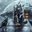 Placeholder: digital art front in picture an of little dark dog like creature stands and looking an anthropomorphic wolf couple sitting on the spaceship's ramp close together, the pale gray female wolf sits behind strong male wolf and puts one paw on the dark gray wolfman's shoulder, raini day, on ramp a little piece of meat lies down, high contrast, high detalied, high realistic, in background detail of an angular spaceship visible. Rain, The atmosphere is a seamless blend of sci-fi, dark fantasy