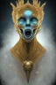 Placeholder: black male African alien, cracks in the head, wicked, Asian eyes, crown, blood, 8k, finely detailed, photo realistic, Boris Vallejo style turquoise skull head gold dragon space alien rain skeleton gold tooth silver helmet silver space suit spaceships