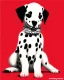 Placeholder: dalmatian puppy, tilting head, sitting on kitchen floor, red collar, black paw prints on floor