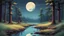 Placeholder: a 16 bit color, beautiful, serene forest scenery, trees, moon, stream, grass, reflection, evening time.